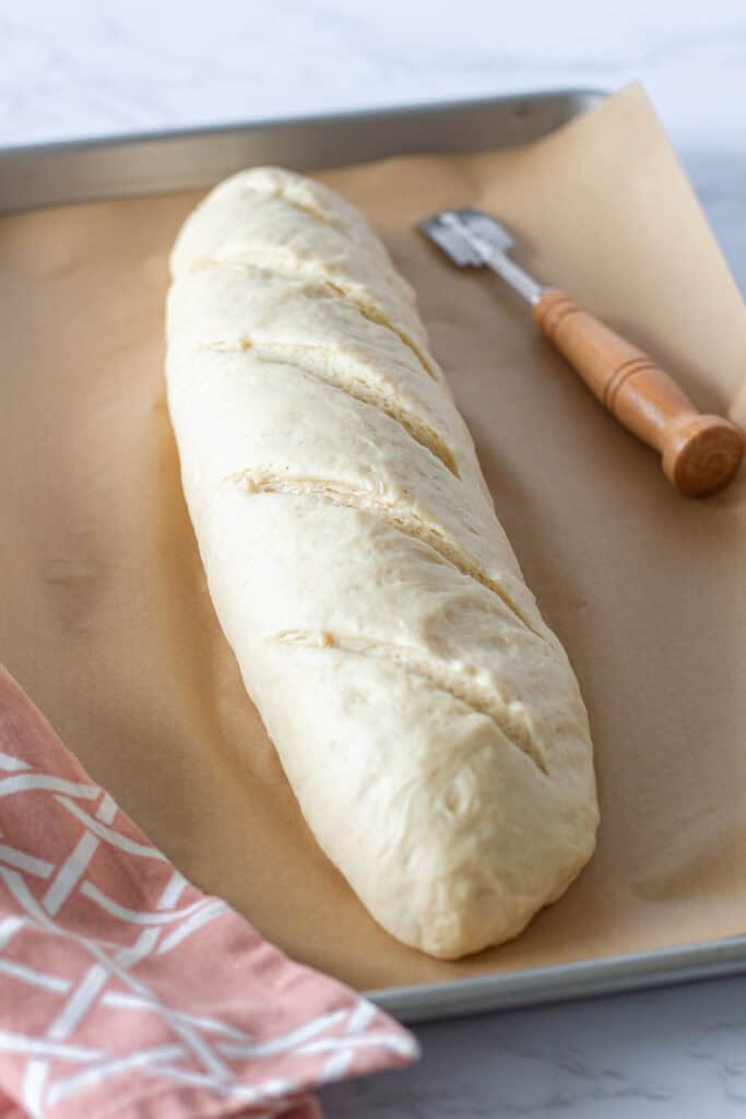 Proofed sourdough discard French bread dough scored with diagonal slashes before baking.